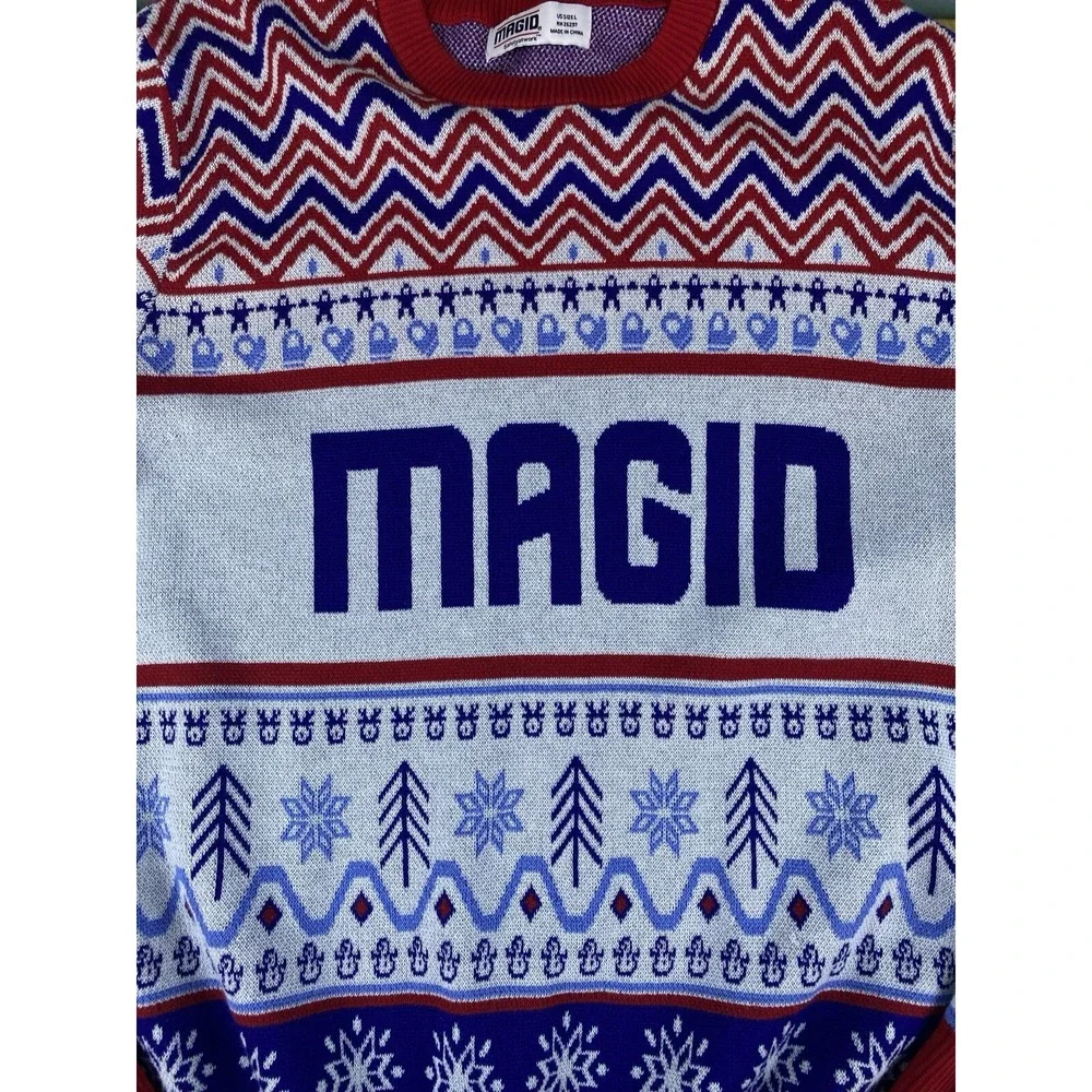 Magid Safety Ugly Christmas Sweater Unisex Size Large Holiday‎ Sweater Red Blue